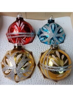 Vintage Western Germany 4 Christmas Ornaments Hand Painted Glass With Glitter
